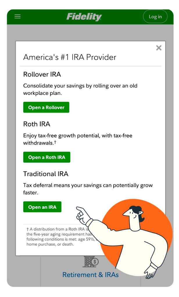 Fidelity mobile IRA selection: America's #1 IRA Provider with Traditional IRA emphasized (illustration points at Open an IRA); Rollover and Roth IRA options; Roth footnote (†); Retirement & IRAs footer.