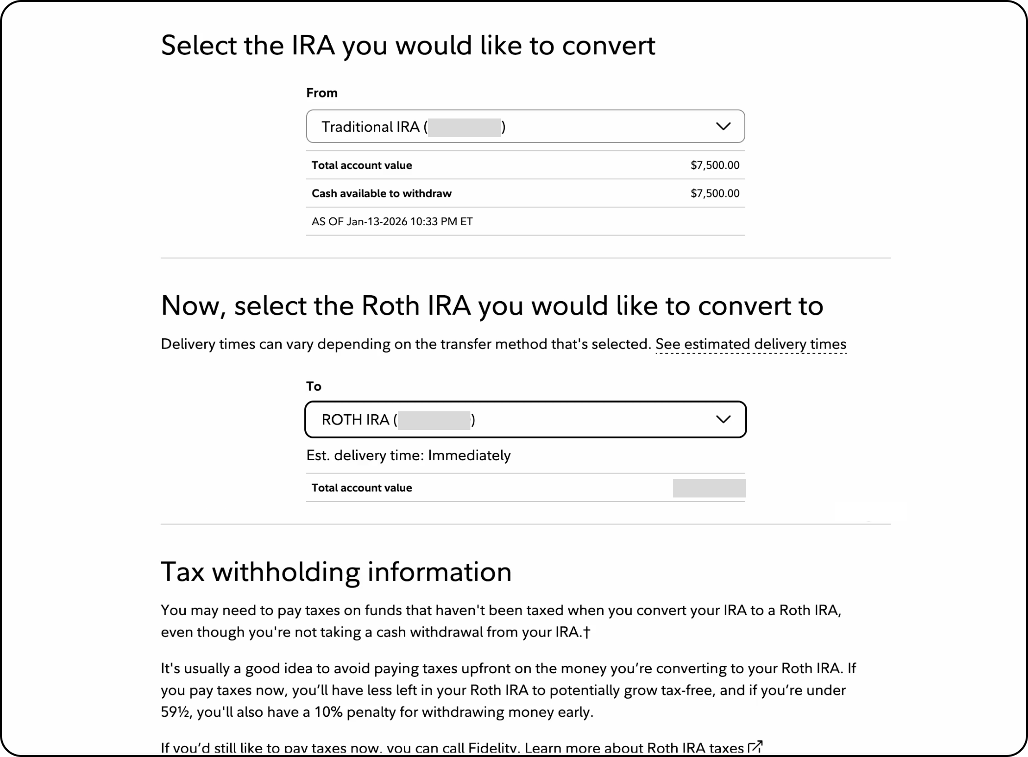 Fidelity Roth IRA conversion flow: select Traditional IRA to convert from and Roth IRA destination with account values, estimated delivery time, and tax withholding information.
