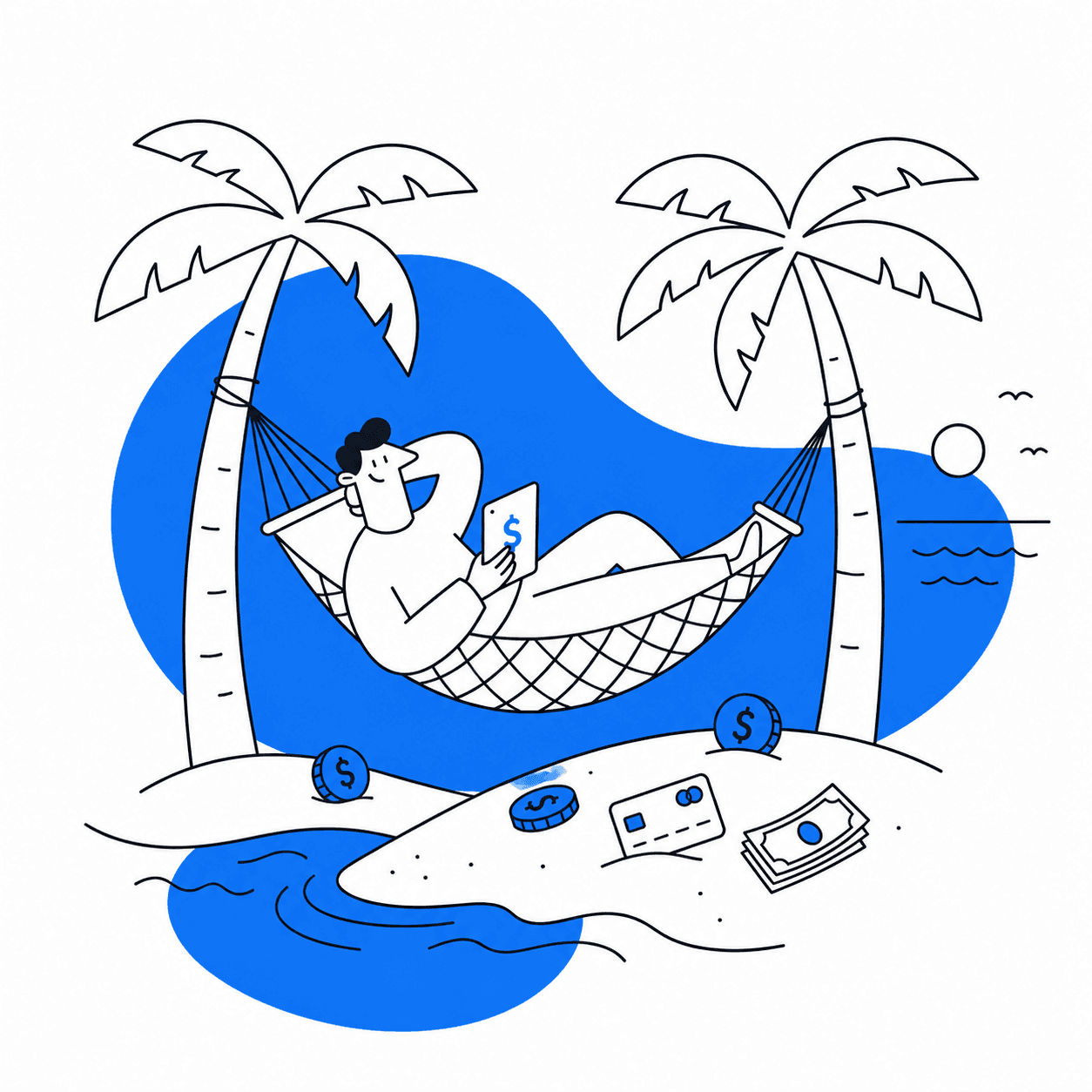 Person relaxing in a hammock between palm trees with coins and a card on the beach — financial independence, the chill way