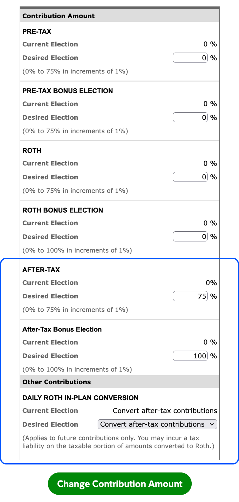 Fidelity Contribution Amount screen: after-tax at 75% and after-tax bonus at 100% desired elections, daily Roth in-plan conversion set to convert after-tax contributions, and green Change Contribution Amount button.